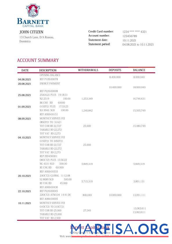Realistic Dominica Barnett Capital bank statement word real example